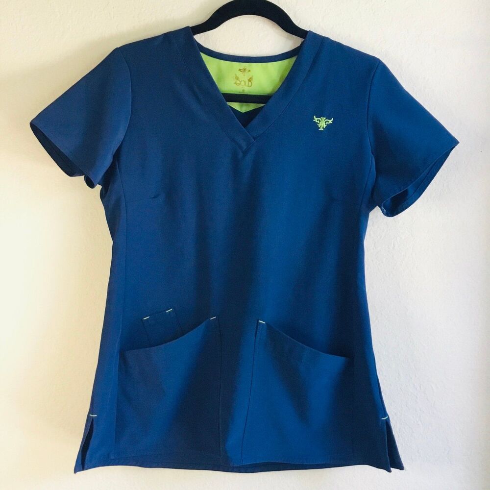 Navy blue size small ‘Med Couture’ women’s scrub top quick dry stretchy work S